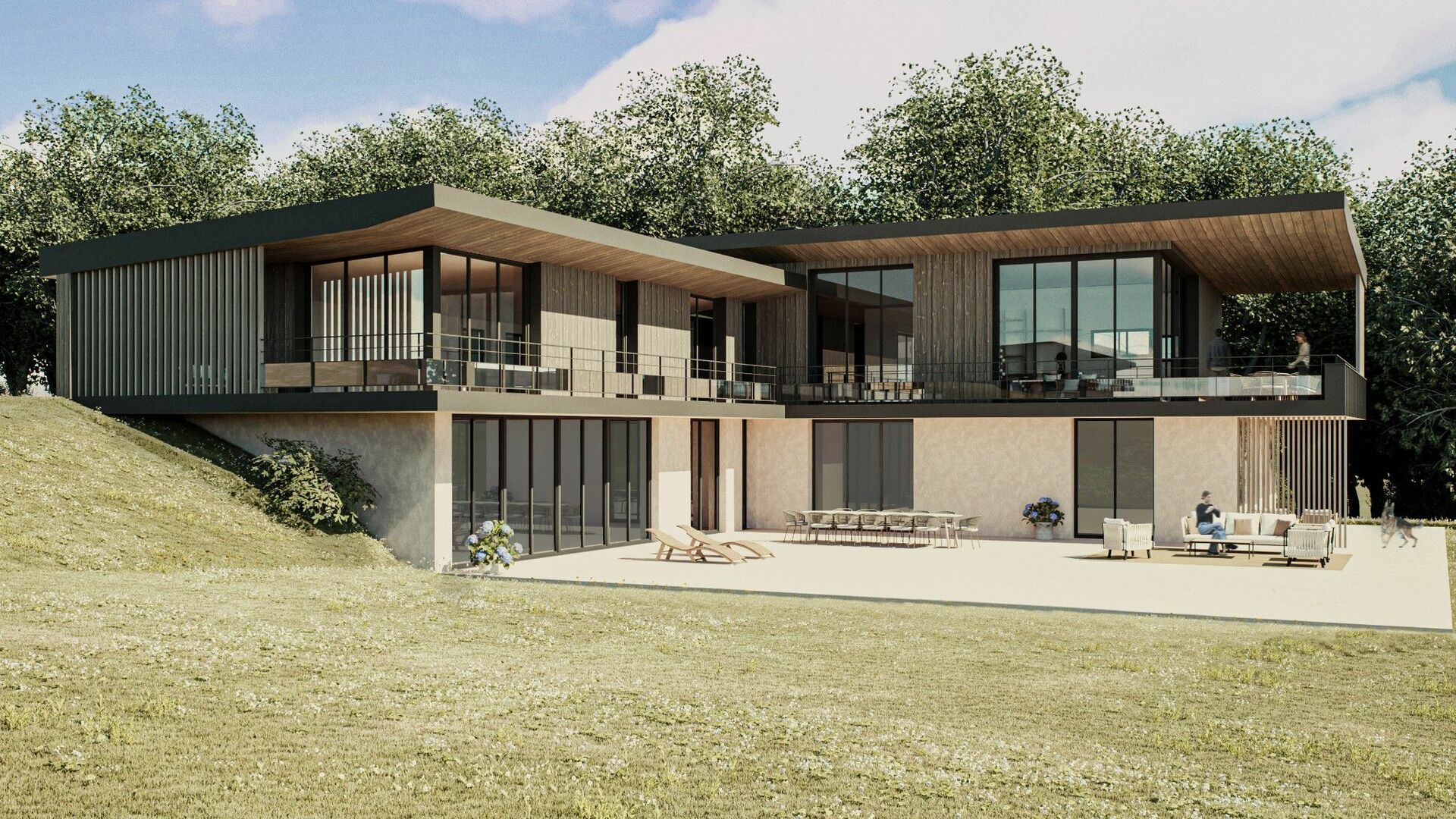 Projet d'architecture moderne sur terrain en pente : villa contemporaine avec toit plat bois, façade mixte béton et lattes verticales, terrasse avec mobilier outdoor